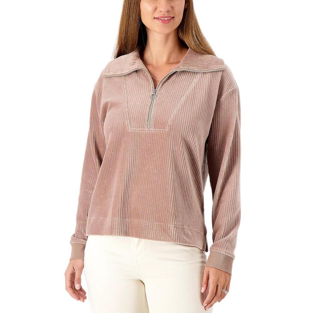 Encore by Idina Menzel Half-Zip Corded Velour Mock Neck Top Wood - Regular - Picture 1 of 1